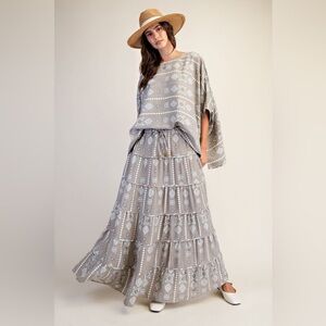Easel Gray Aztec Print Top and Maxi Skirt Set